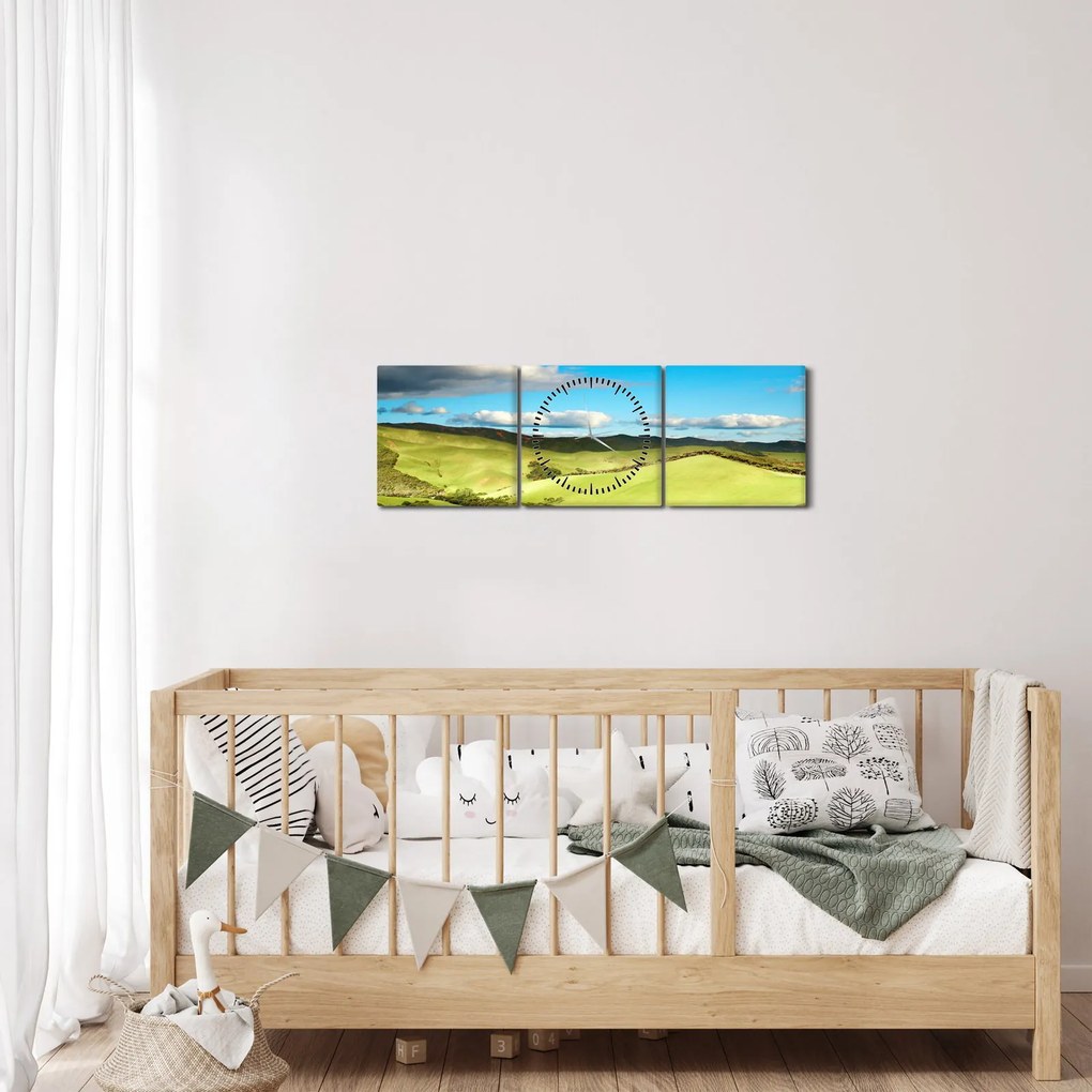 Obraz - Zelená krajina s pahorkami (s hodinami) (90x30 cm)
