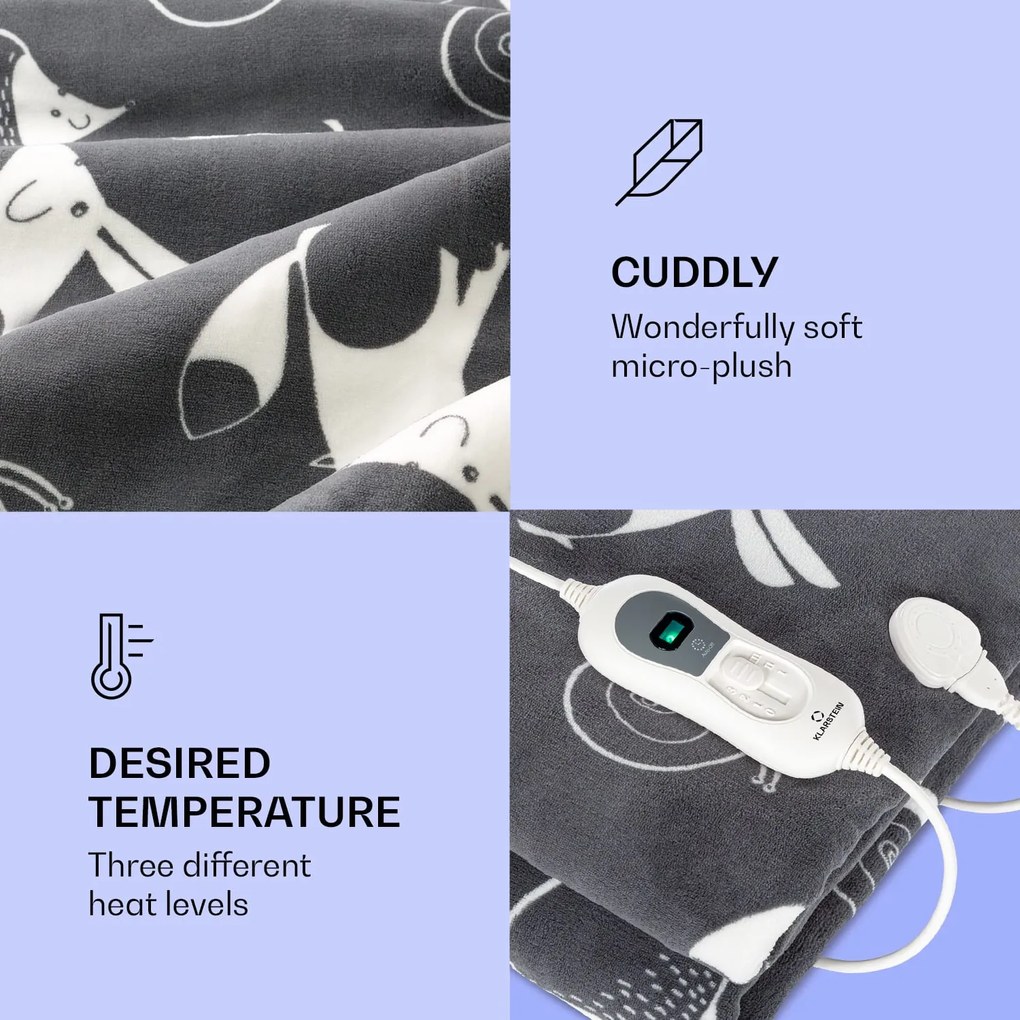 Klarstein Dr. Watson XXL, vyhrievacia deka, 120 W, 200 x 180 cm, coral fleece, antracitová, zvieratá