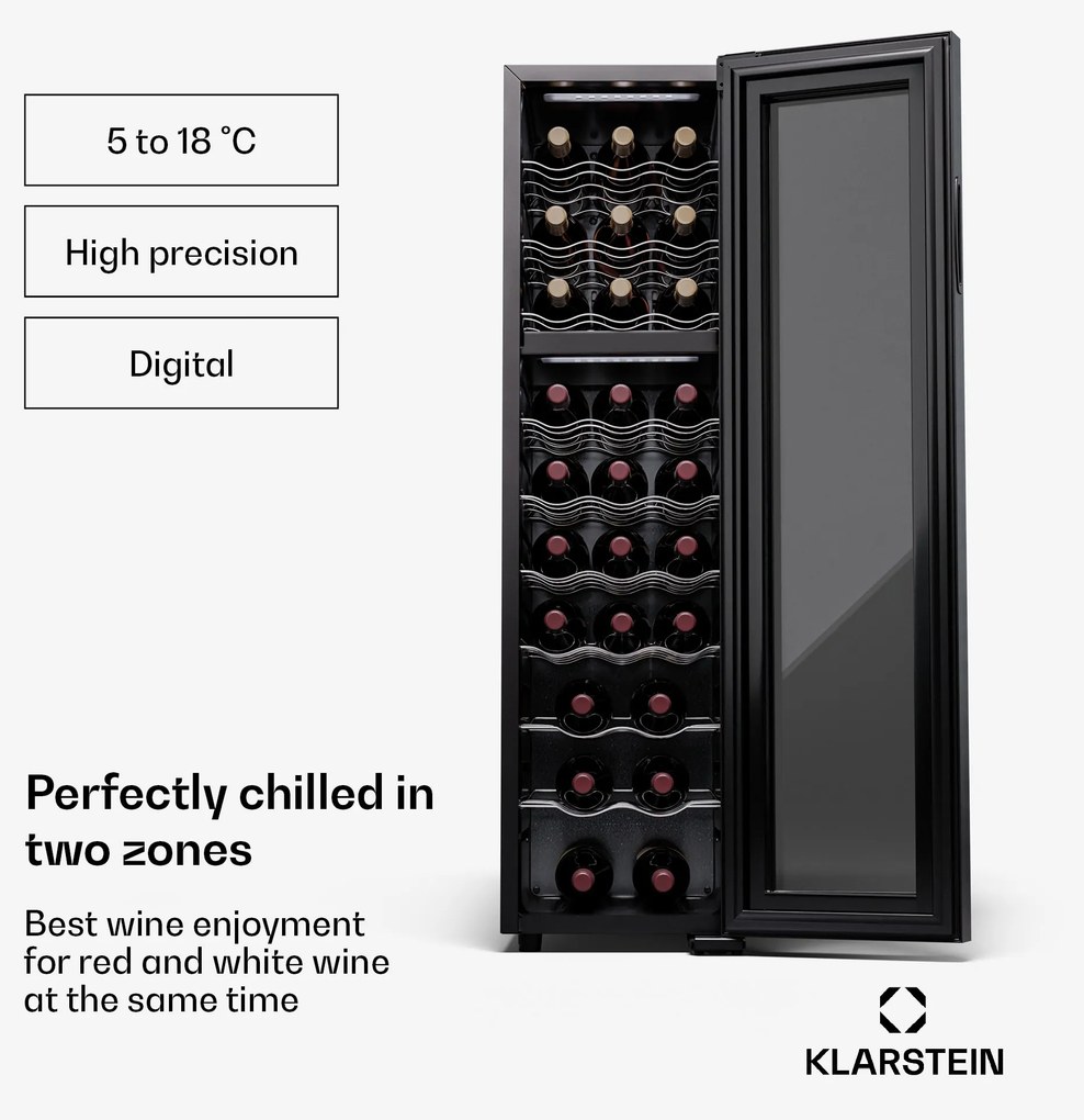 Klarstein Shiraz 27 Duo, chladnička na víno, 2 zóny, 83 l/27 fliaš, 5-18 / 5-18 °C, dotykové ovládanie