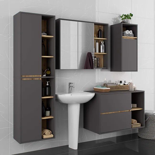 Zrkadlová skrinka VAMI W90 2D 3P LO grafitová / dub