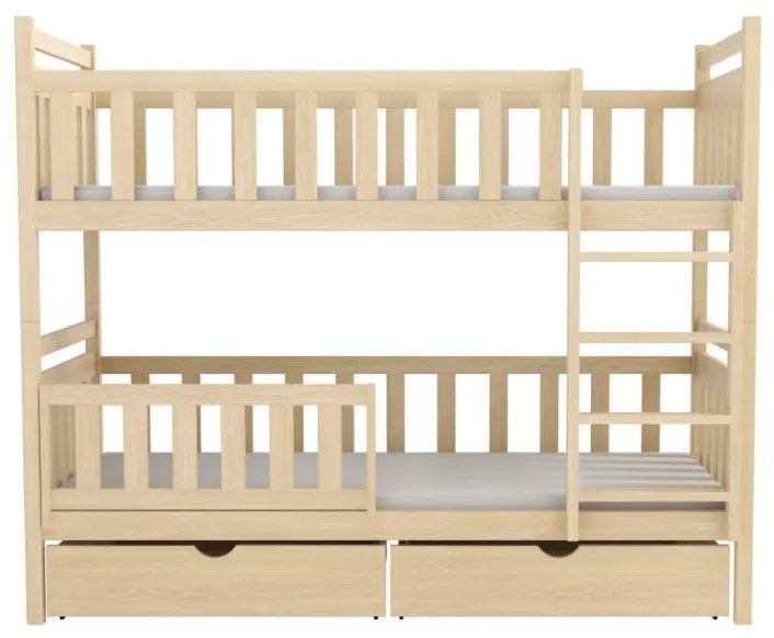 Detská poschodová posteľ z masívu borovice KAREL so šuplíkmi - 200x90 cm - PRÍRODNÁ BOROVICA