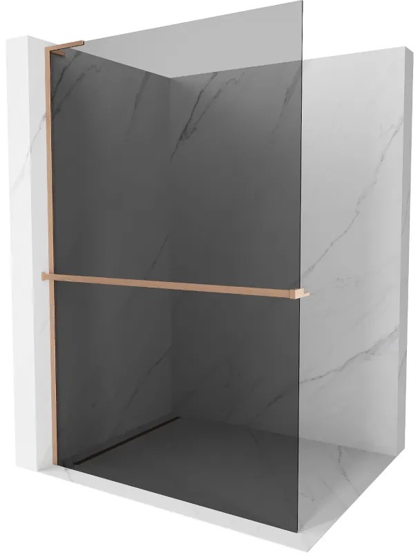 Mexen Kioto+ L, sprchová zástena Walk-In s poličkou a vešiakom 80 x 200 cm, 8mm šedé sklo, medený matný profil, 800-080-123-65-40