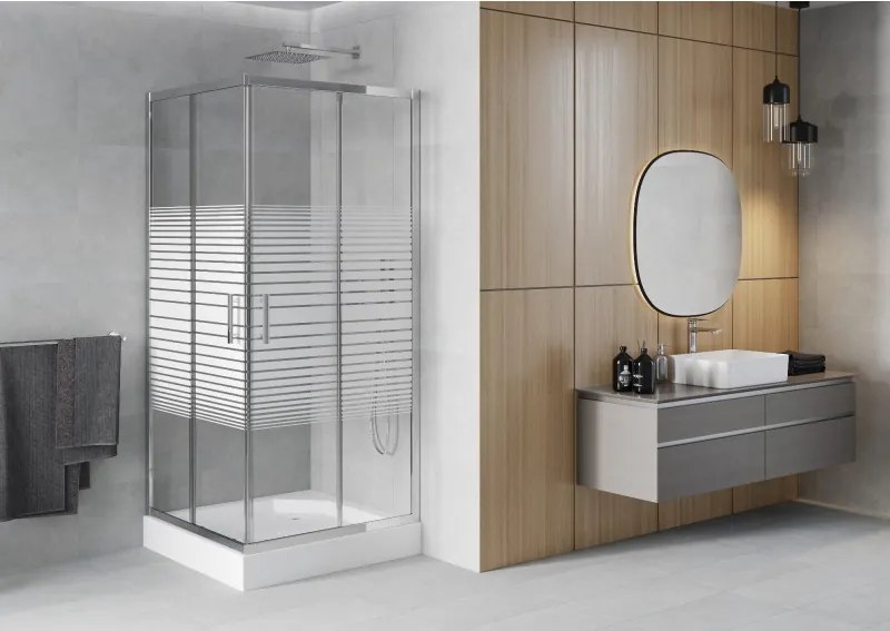 Mexen Rio štvorcový sprchový kút 90 x 90 cm, biele pruhy, chróm + sprchová vanička, biela - 860-090-090-01-20-4510