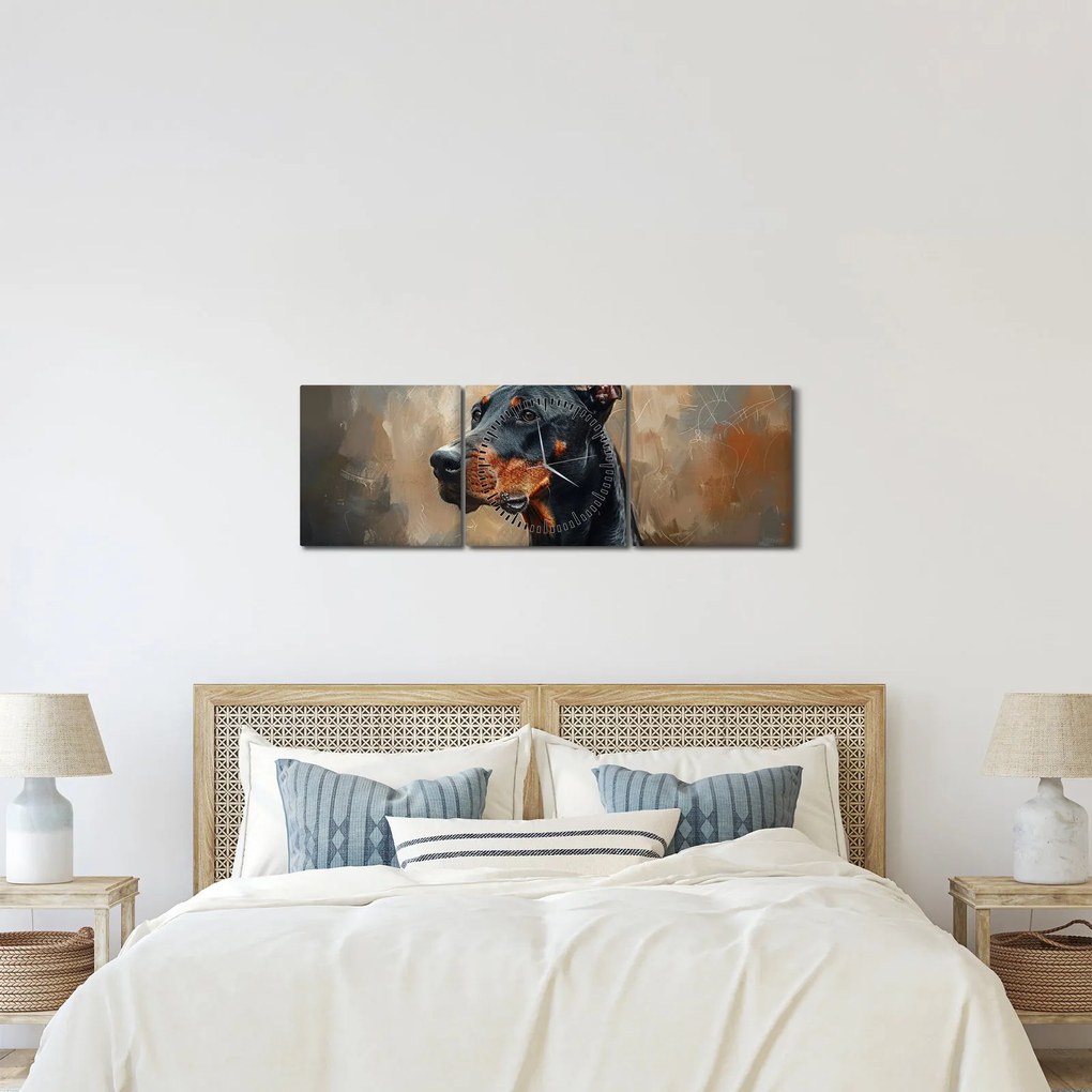 Obraz - Portrét Dobermana (s hodinami) (90x30 cm)