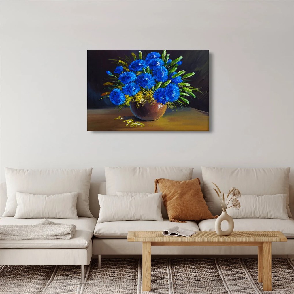 Obraz modrých kvetov vo váze (90x60 cm)