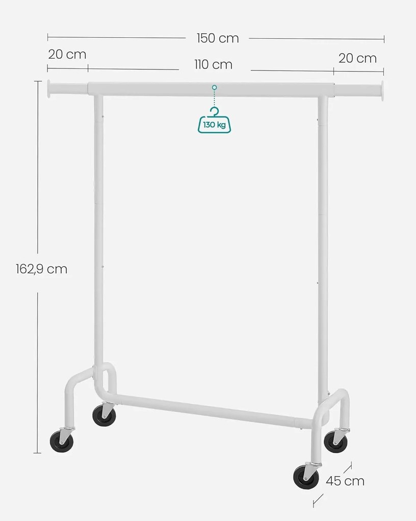 SONGMICS mobilný vešiak na oblečenie, vysúvacia šatníková tyč, max. 130 kg nosnosť, matná biela