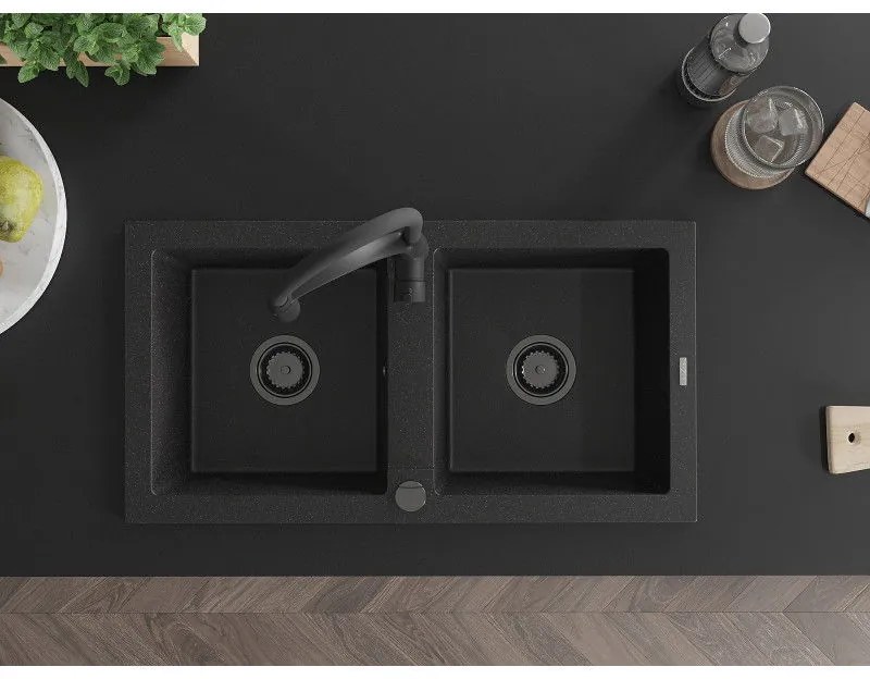 Mexen Mario, granitový drez 820x436x161 mm, 2-komorový a drezová batéria Aster, čierna-strieborná metalíza, 6504-73-73450-70-B