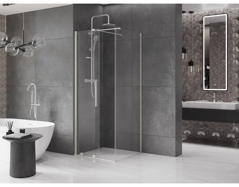 Mexen Velar, sprchový kút s posuvnými dverami 120 x 120 cm, 8mm číre sklo, brúsená oceľ, 871-120-120-01-97