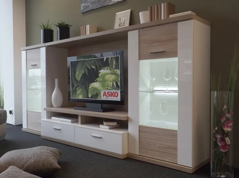 Obývacia stena Caracas Media, dub/biely lesk, s osvetlením