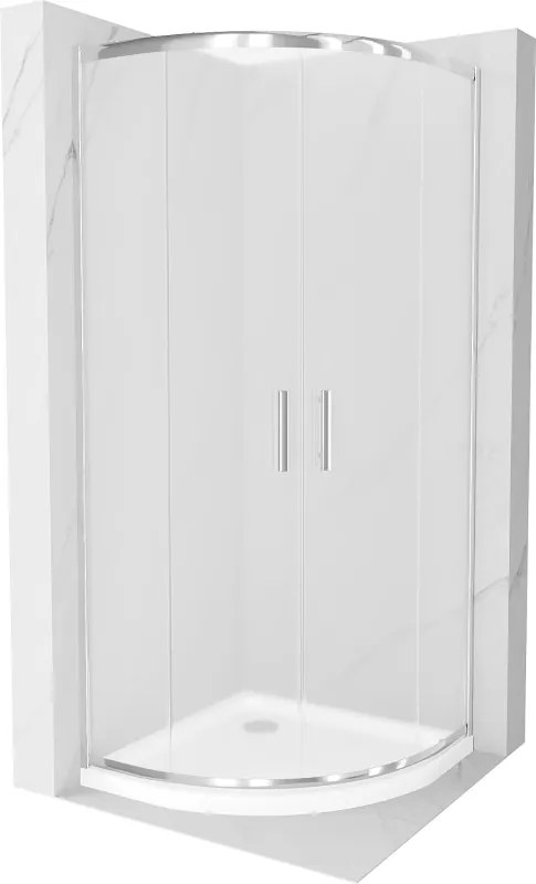 Mexen Rio, štvrťkruhový sprchovací kút s posuvnými dverami 80 x 80 cm, 6mm sklo námraza, chrómový profil + biela sprchová vanička, 863-080-080-01-30-4110