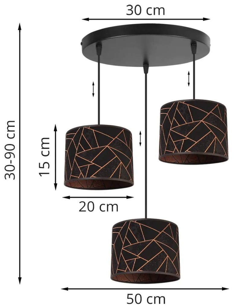 Závesné svietidlo Werona 6, 3x čierne textilné tienidlo so vzorom, o, c