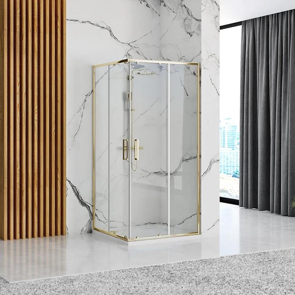 Rea Punto, sprchový kút s posuvnými dverami 90(dvere) x 90(dvere) x 190 cm, 5mm číre sklo, zlatý lesklý profil + čierna sprchová vanička Savoy, KPL-K1440