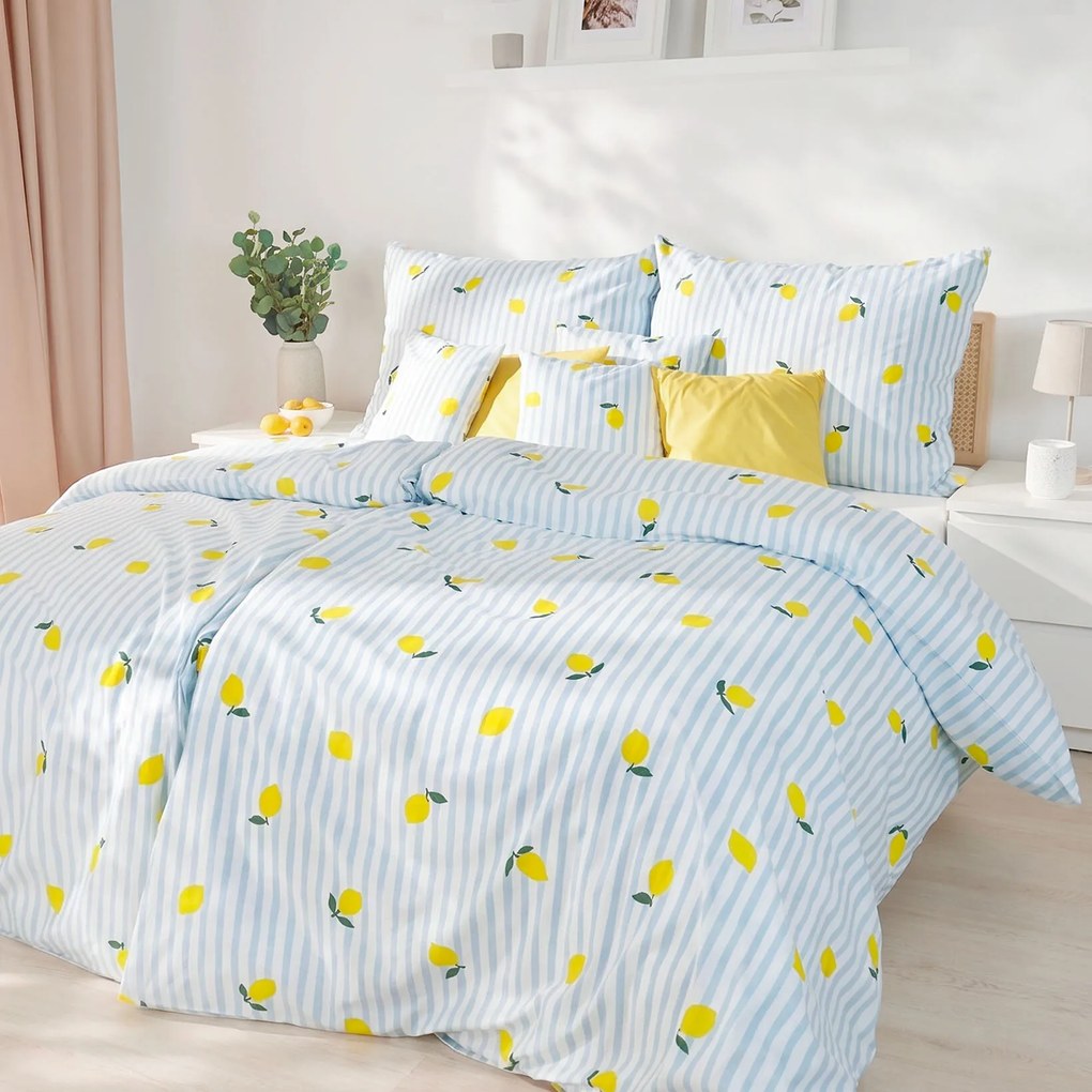 Goldea bavlnené posteľné obliečky - svieže citróny s prúžkami 140 x 200 a 70 x 90 cm