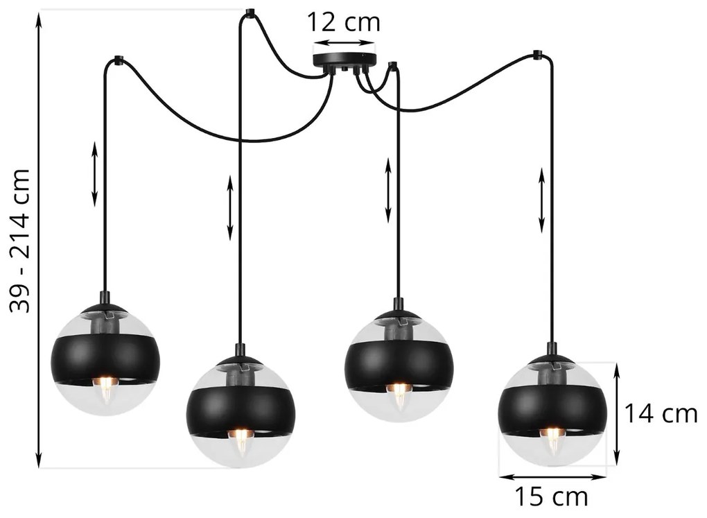 Závesne svietidlo Toledo Spider, 4x čierne/transparentné sklenené tienidlo, B
