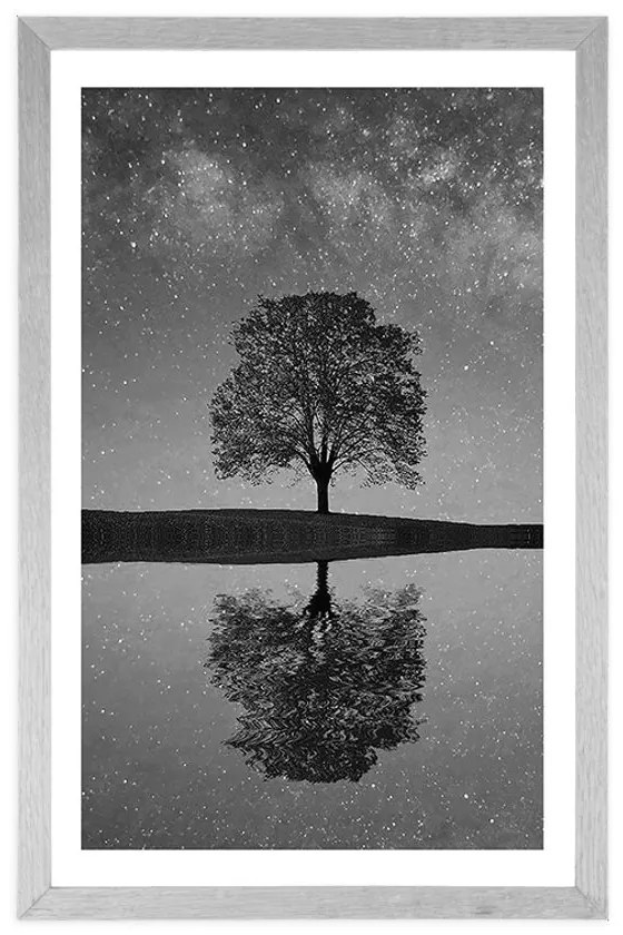 Plagát s paspartou hviezdna obloha nad osamelým stromom v čiernobielom prevedení - 30x45 black