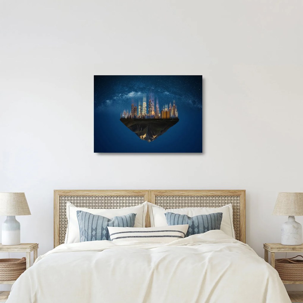 Sklenený obraz - Veľkomesto plávajúce priestorom (70x50 cm)