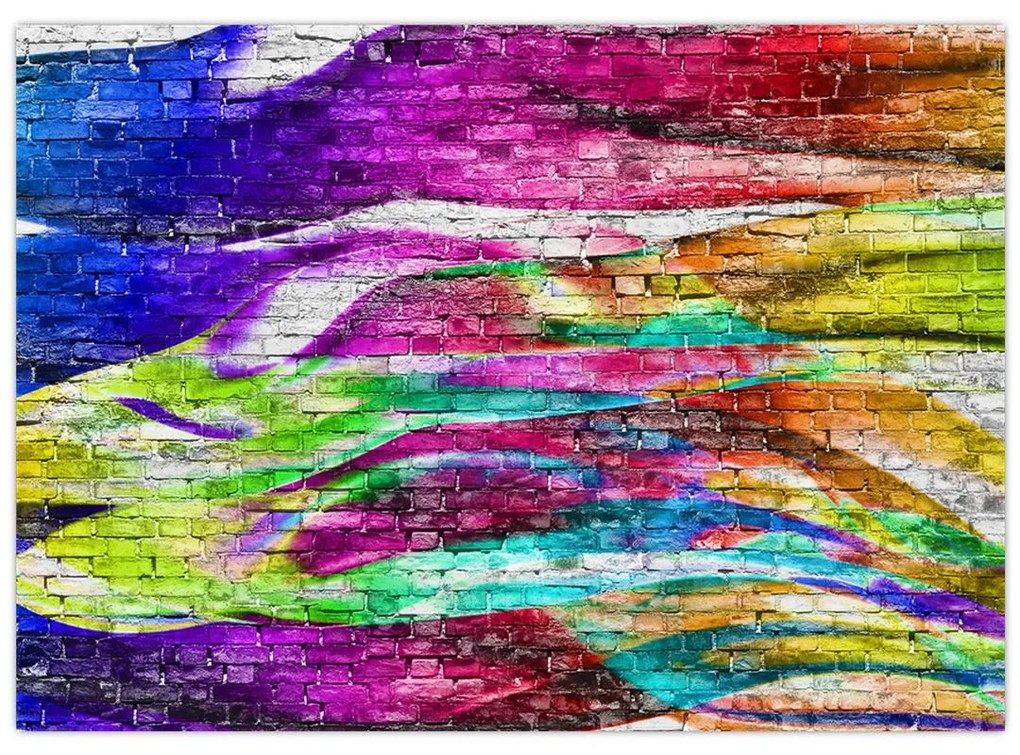 Sklenený obraz - Tehlový múr s farebnými plameňmi (70x50 cm)