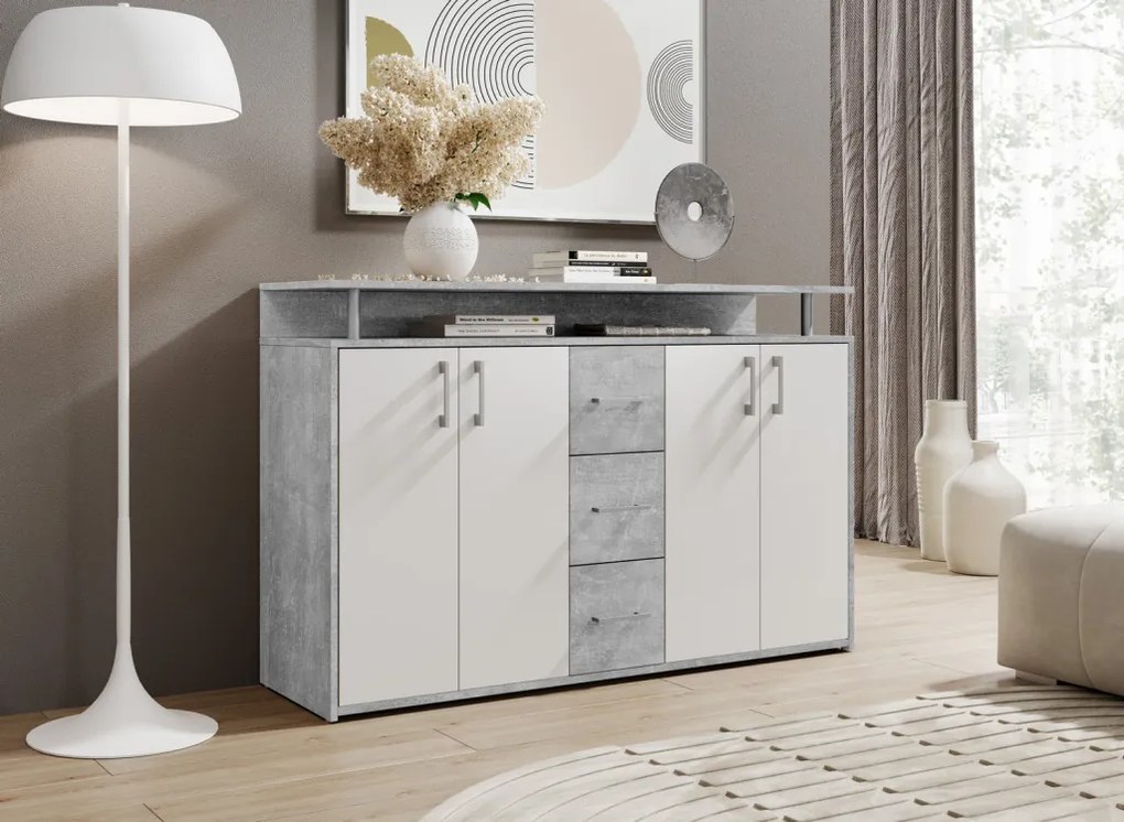 Komoda Drift, šedý betón/biela