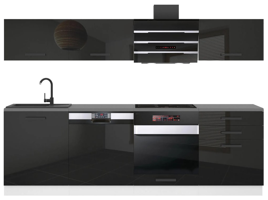 Kuchynská linka Belini Premium Full Version 240 cm čierny lesk s pracovnou doskou LINDA