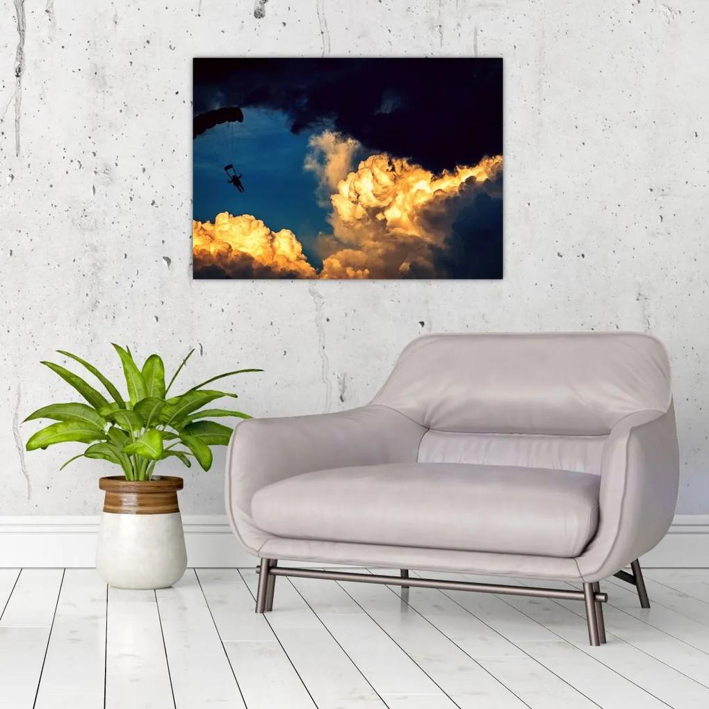 Sklenený obraz parašutistu v oblakoch (70x50 cm)