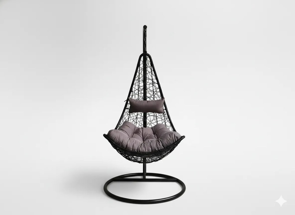 Garden Line ČIERNA ZÁVESNÁ STOLIČKA, VANKÚŠ – ŠEDÝ, RÁM – ČIERNY, POLOVICA /1151/