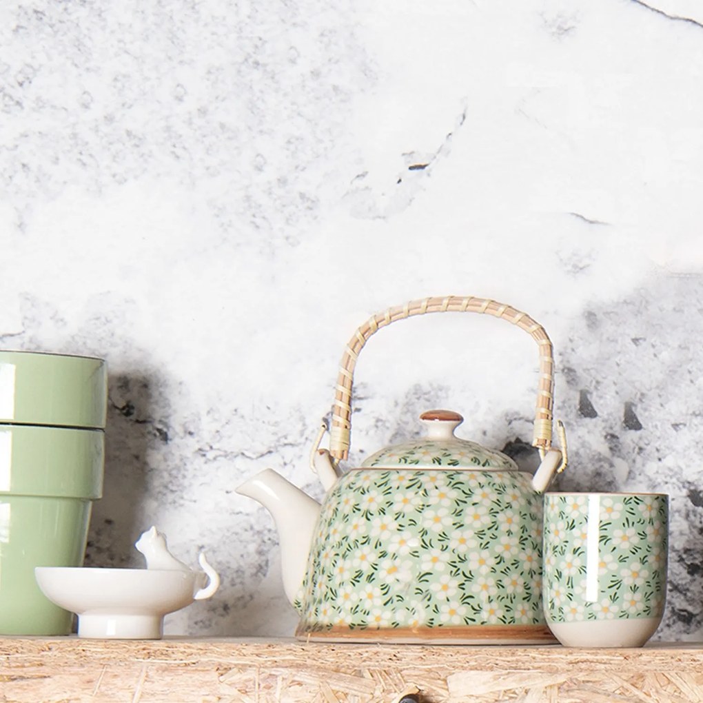 Zelená porcelánová kanvička s kvietkami a so sitkom - Ø 18*14*12 cm / 0,7L