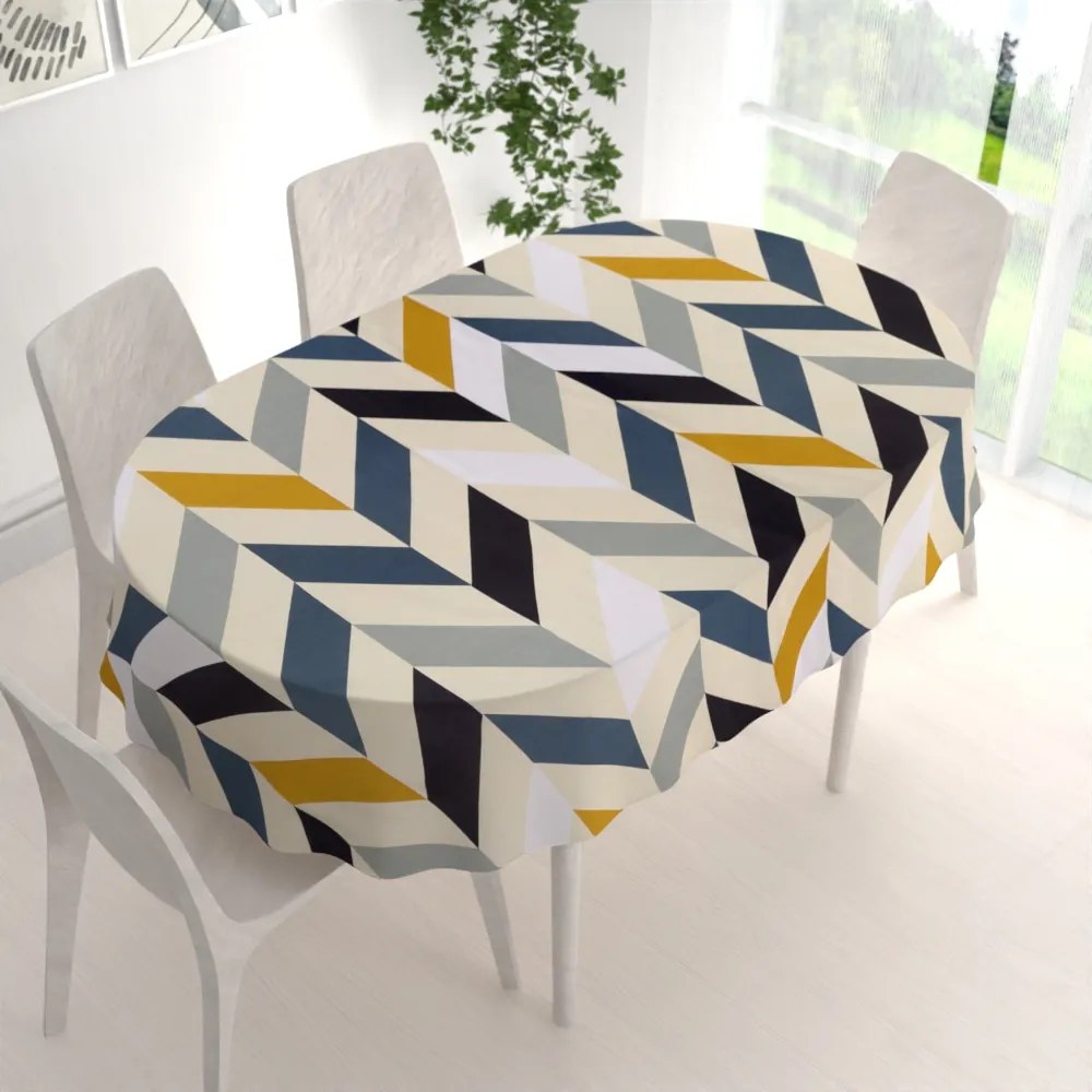 Biante Bavlnený oválny obrus Sandra SA-402 Veľké cik-cak modro-žlté pruhy 50x100 cm