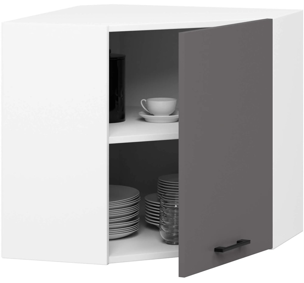 Závesná rohová kuchynská skrinka OLIVIE 60x60 cm matná biela/matná grafitovo sivá