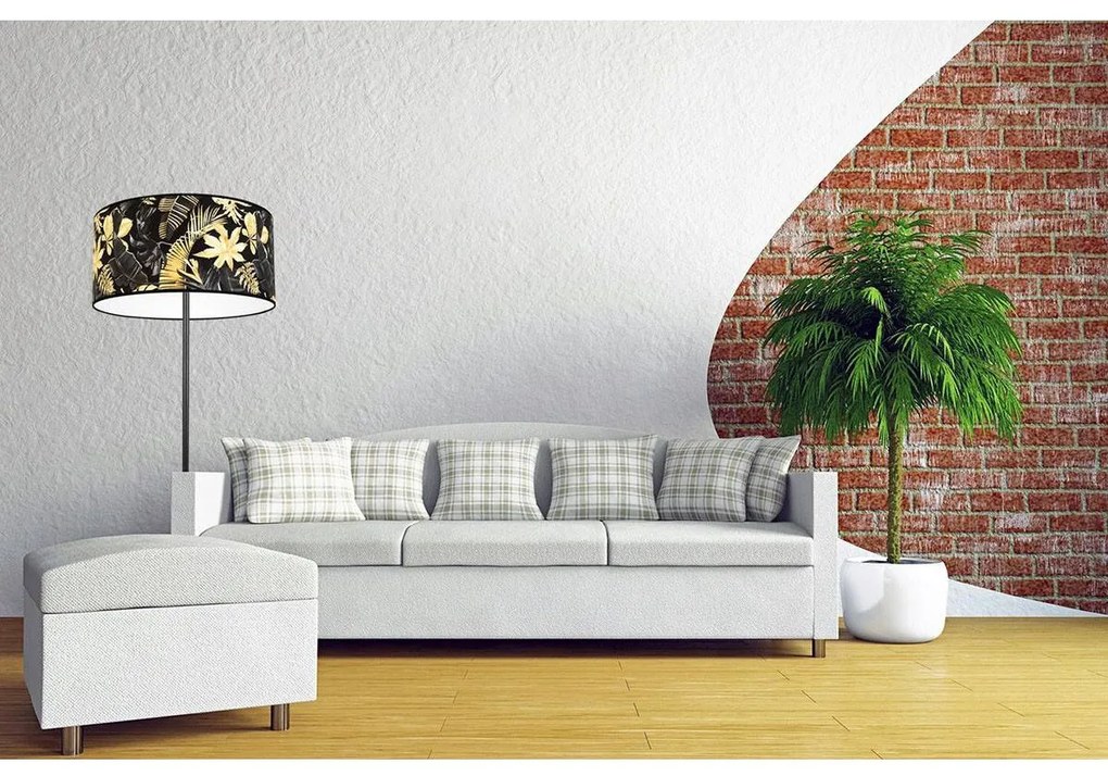 Stojacia lampa Gold Flowers, 1x čierne textilné tienidlo s kvetinovým vzorom, (fi 40cm), o