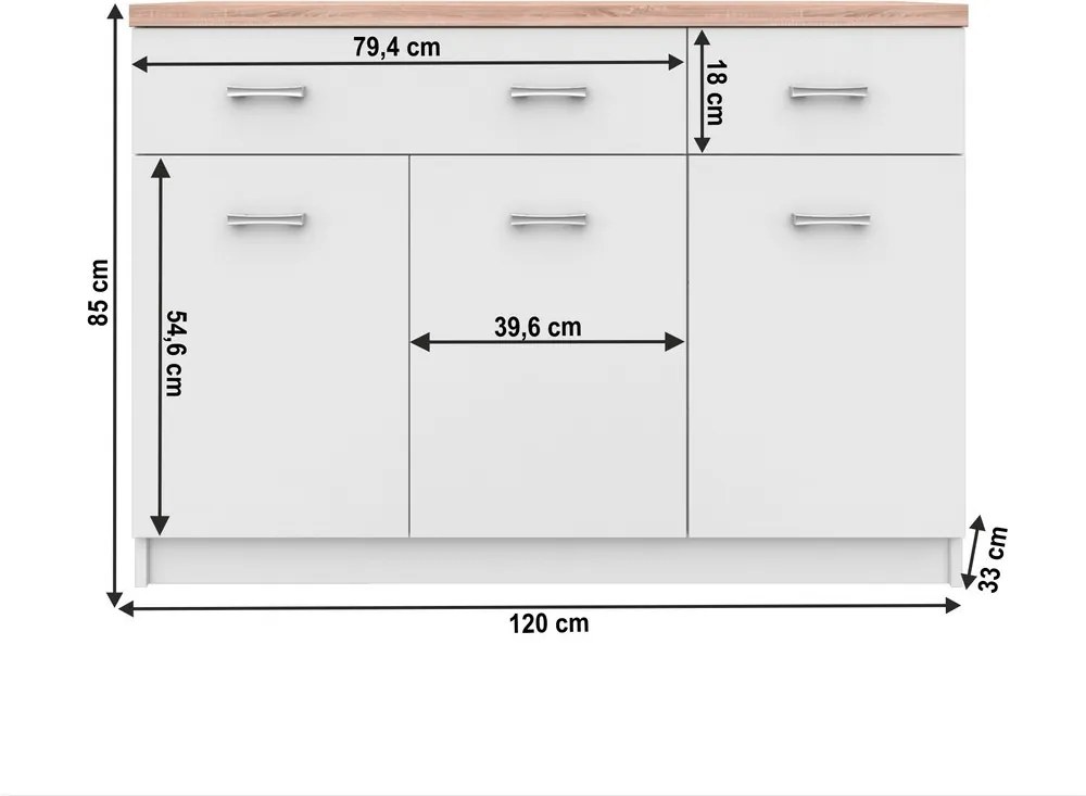 Trojdverová komoda Topty Typ 7 3D2S - biela / dub sonoma