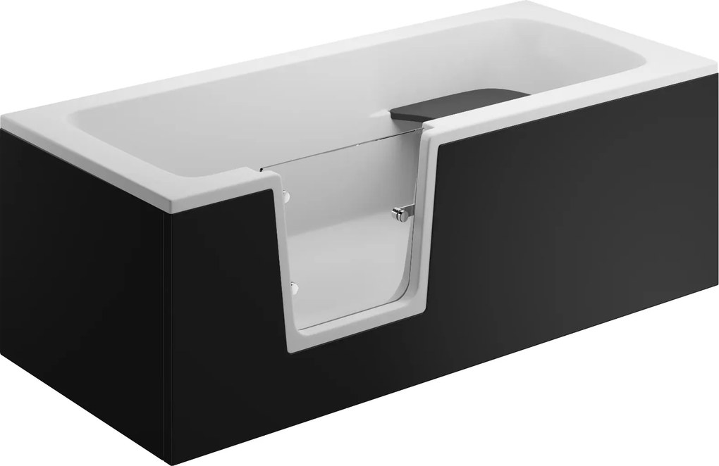 Vaňa s dvierkami Polimat VOVO 160x75 s čiernym čelným krycím panelom + vaňový sifón s výpusťou Click-Clack