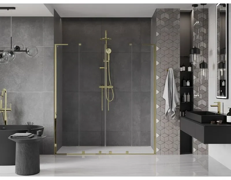 Mexen Velar L Duo, posuvné sprchové dvere do otvoru 180 cm, 8mm číre sklo, zlatá lesklá, 871-180-003-02-50