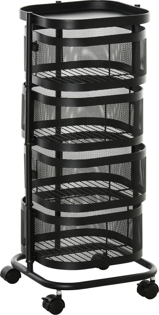 HOMCOM Servírovací vozík s 4 kovovými košíkmi, hornou poličkou a otočnými kolieskami, oceľ a PP plast, 33x33x77cm, čierny | Aosom