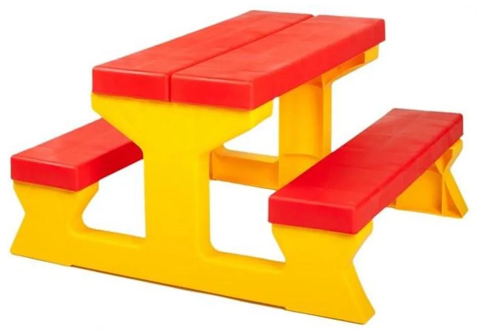 Detský záhradný nábytok - Stôl a lavičky červeno-žltý