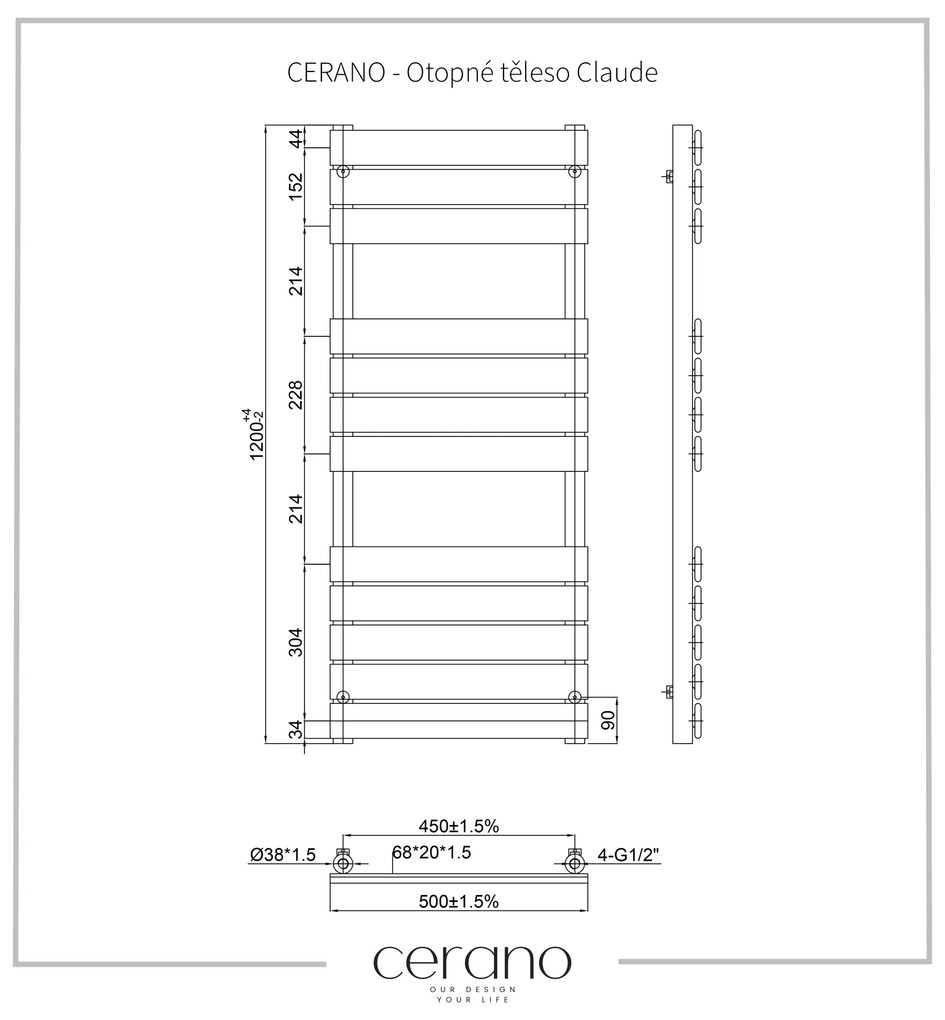 Cerano Claude, vykurovacie teleso 1200x500mm, 650W, rozteč pripojenia 450 mm, čierna matná, CER-CER-429658