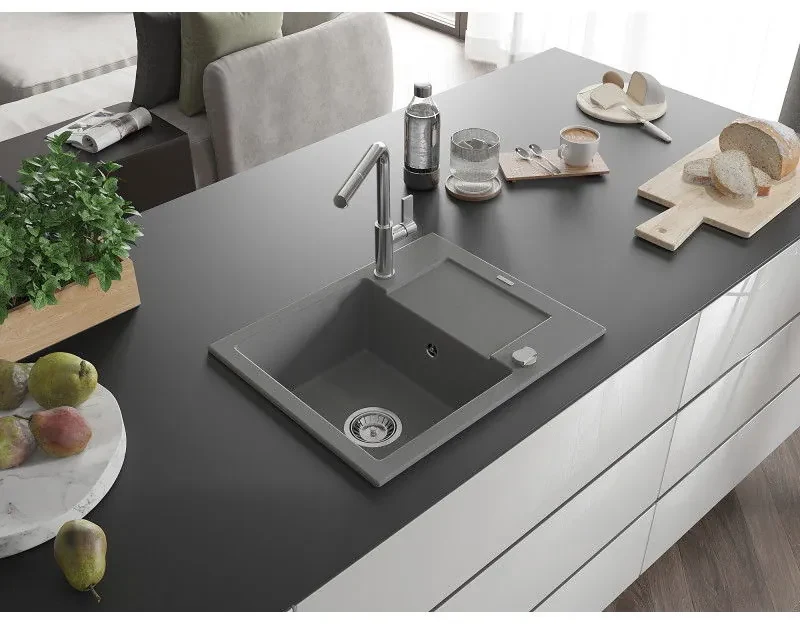 Mexen Enzo, 1-komorový granitový drez 576x465x174 mm a drezová batéria Flora, šedá, 6506-71-670401-00