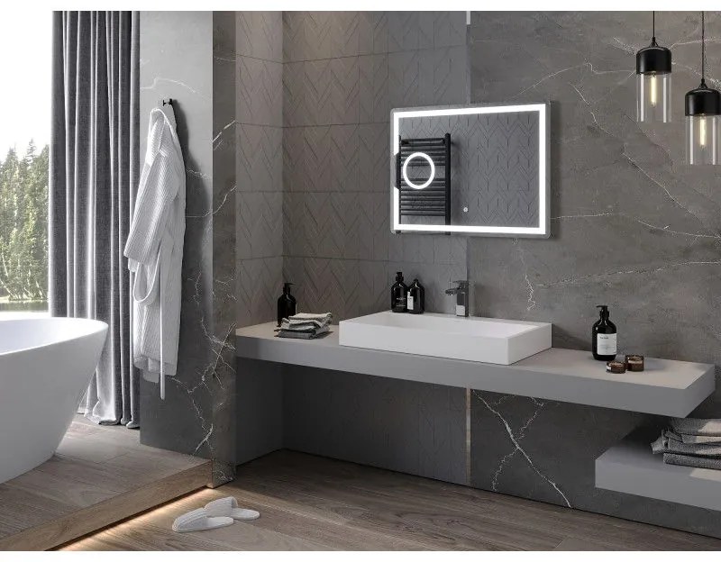 Mexen Onyx, LED kúpeľňové zrkadlo s podsvietením a kozmetickým zrkadielkom 80x60 cm, 6000K, ochrana proti zahmlievaniu, 9813-080-060-611-00
