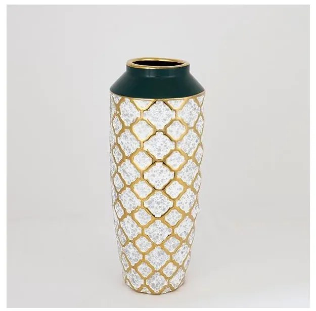 Keramická váza 31x12,5 cm biela/zlatá/zelená