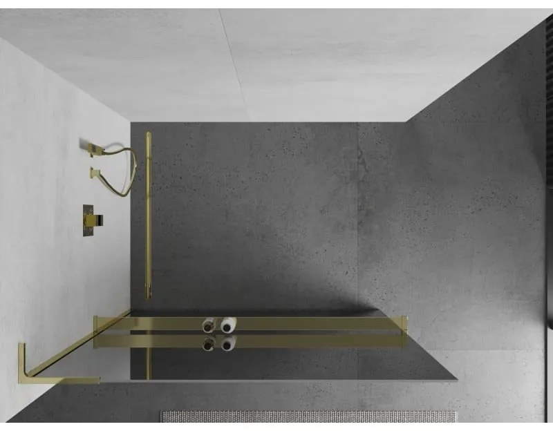 Mexen Kioto+ L, sprchová zástena Walk-In s poličkou a vešiakom 100 x 200 cm, 8mm sklo vzor zrkadlo, zlatý lesklý profil,800-100-123-50-50