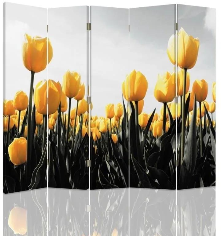 Ozdobný paraván Žluté tulipány - 180x170 cm, päťdielny, obojstranný paraván 360°