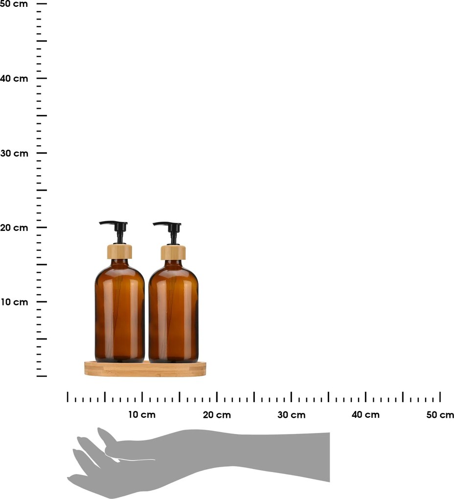 Dávkovač saponátu a mydla Dallas, hnedá/s čiernymi a drevenými prvkami, 500 ml, sada 2ks