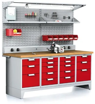 Alfa 3 Dielenský stôl MECHANIC I, perfopanel, polica, el. zásuvky, osvetlenie, 2x 5 a 2x 3 zásuvkový box na náradie, 16 zásuviek, červené dvere