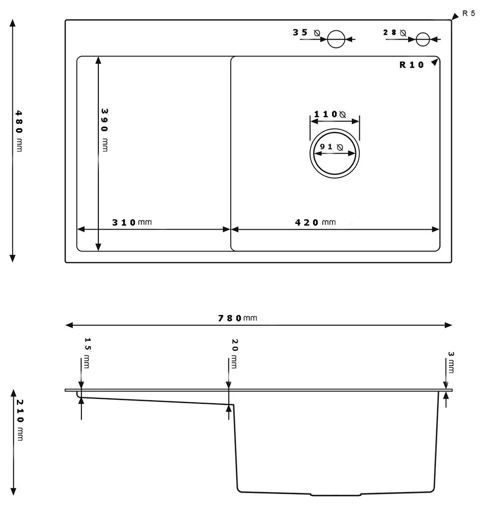 Erga HD, 1-komorový oceľový drez 780x490x210 mm, pravý, grafitová, ERG-MLS-HD7849RB