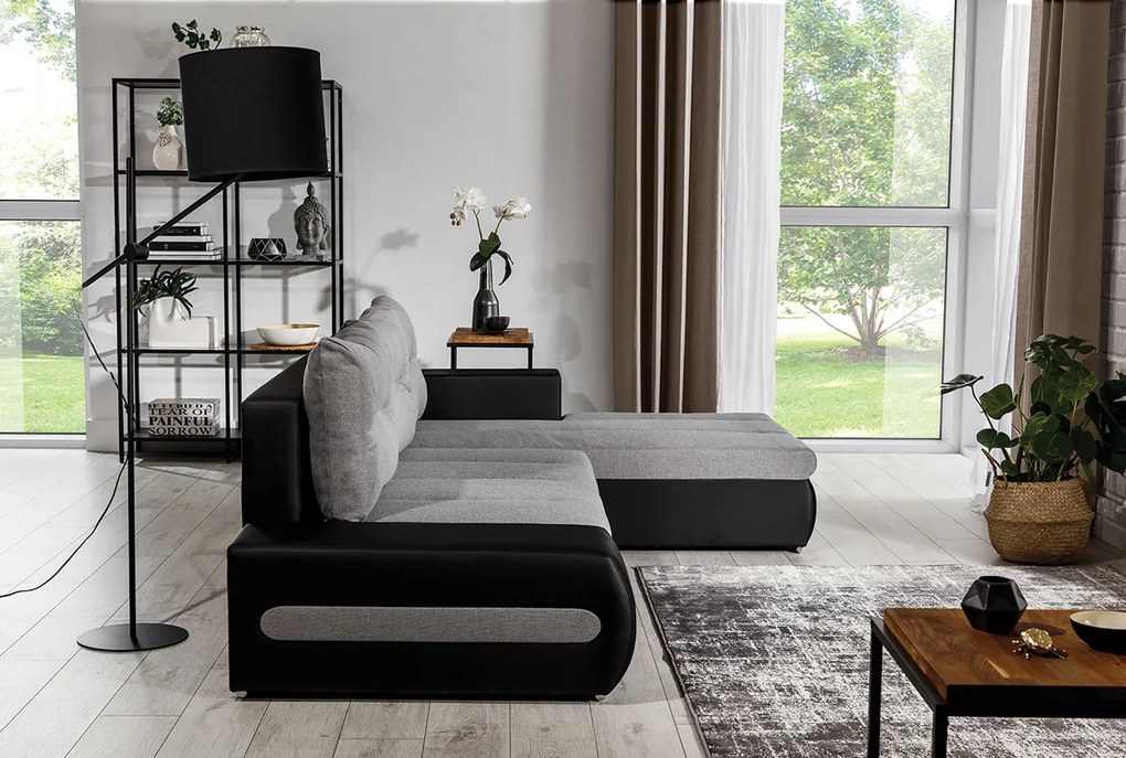 Rohová sedačka s rozkladom a úložným priestorom Otelo P - čierna (Sawana 14) / biela (Soft 17)