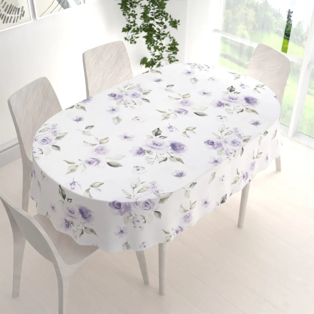 Biante Teflónový oválny obrus TF-024 Fialové ruže na bielom 80x120 cm