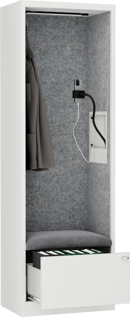 Kancelárska akustická kabína so sedadlom a portom USB-C, telo v biely / sedák sivá v zelenej farbe, 600 mm: SALLY MentalBox