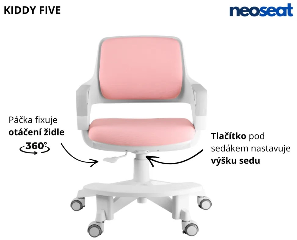 Detská rastúca stolička Neoseat KIDDY FIVE — látka, prateľný poťah, ružová