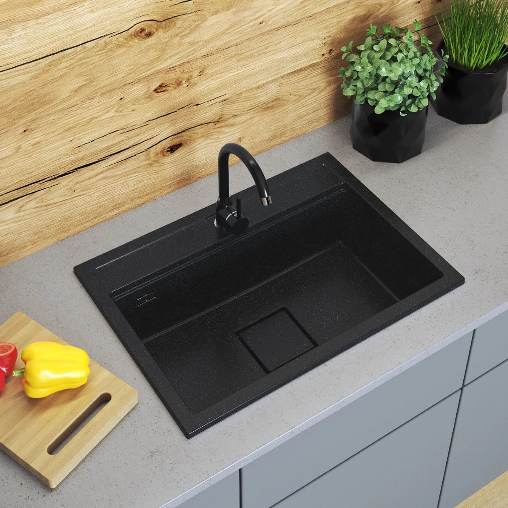 Gamma Quadro 7050, 1-komorový granitový drez 700x500x220 mm, čierna škvrnitá, GMA-ZLE000238