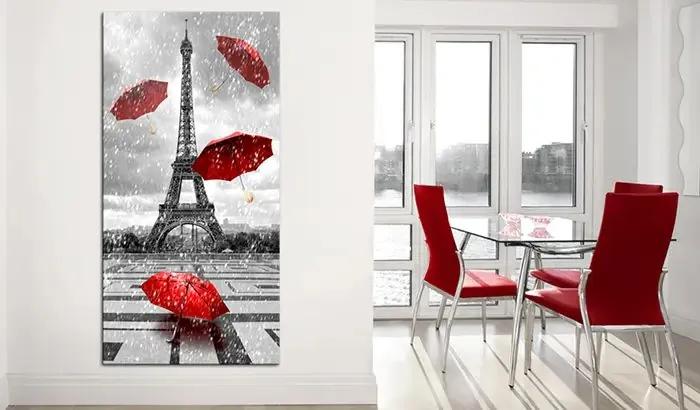 Obraz - Paris: Red Umbrellas Veľkosť: 60x120, Verzia: Na talianskom plátne
