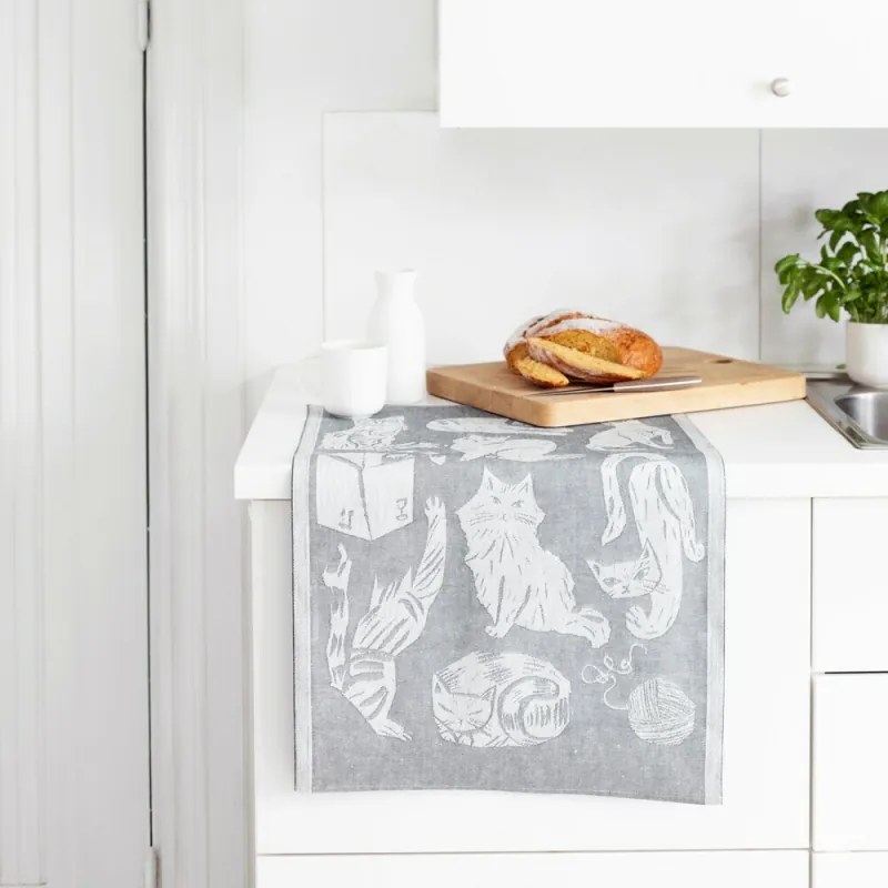 Ľanová utierka Kissanpäivät 46x70, tmavo sivo-biela